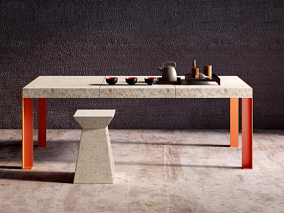 Modern Tea Table With Stone Top And Orange Legs Paired With Stone Stool 3d model