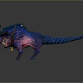 Fantasy Creature With Blue Pink Body Large Black Horns Red Eyes Sharp Fangs And Tail
