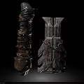 Two Medieval Weapons With Spiked Rope Wrapped Shaft And Metal Geometric Red Patterned Surface