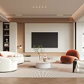 Modern Living Room Interior With White Sofa Orange Accent Chair And Round Coffee Table