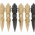Intricate Sculpture Carving Art Pieces In Gold And Black Colors With Detailed Patterns