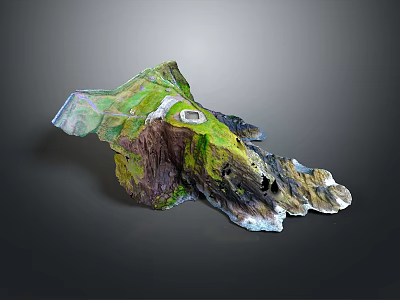 Detailed 3D Terrain Model With Green Vegetation Rocky Slopes White Patches And Small Square Structure 3d model