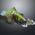 Detailed 3D Terrain Model With Green Vegetation Rocky Slopes White Patches And Small Square Structure
