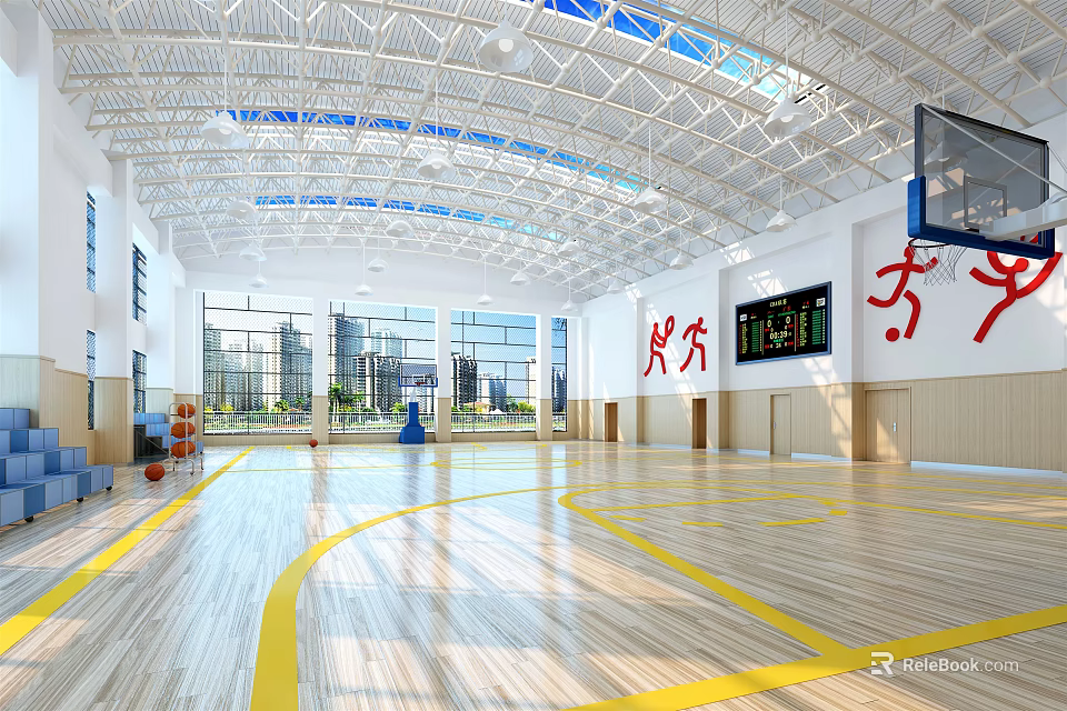 Bright Spacious Basketball Gymnasium Interior With Wooden Floor Yellow Lines And Basketball Hoop 3d model 