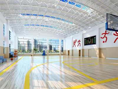 Bright Spacious Basketball Gymnasium Interior With Wooden Floor Yellow Lines And Basketball Hoop 3d model