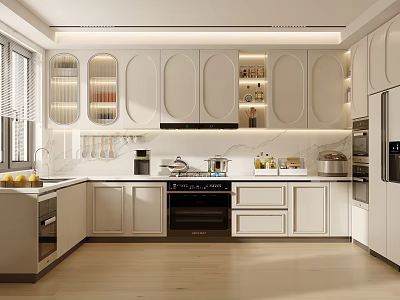 Modern Kitchen Interior Design With White Cabinets Built-in Appliances And Natural Light 3d model