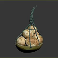 White Eggs With Brown Spots In Yellow Basket Hanging By Green Rope