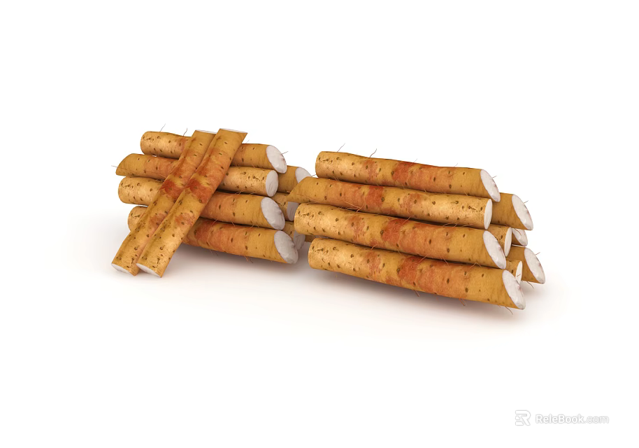 Pile of Fresh Organic Chinese Yam Roots with White Flesh and Brown Skin 3d model 