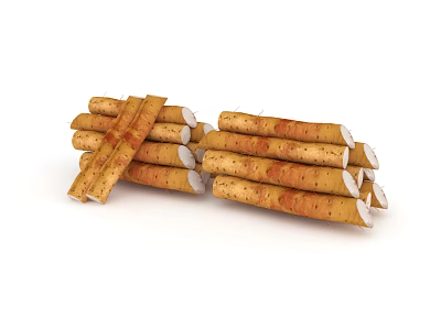Pile of Fresh Organic Chinese Yam Roots with White Flesh and Brown Skin 3d model