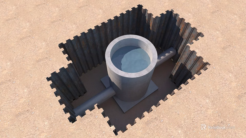 Underground Concrete Circular Shaft Component With Steel Sheet Piles And Base 3d model 