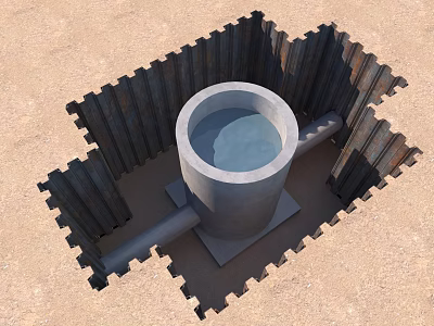 Underground Concrete Circular Shaft Component With Steel Sheet Piles And Base 3d model