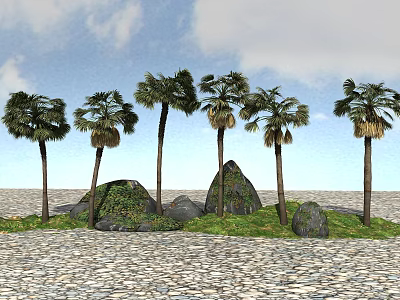 Palm Trees Surrounded by Blue Sky White Clouds Gravel Ground Green Vegetation and Large Rocks 3d model