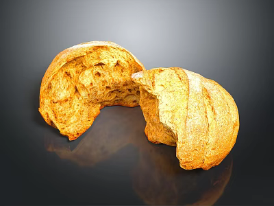 Fresh Baked Bread Two Sliced Pieces Golden Crust Soft Porous Interior on Black Surface 3d model