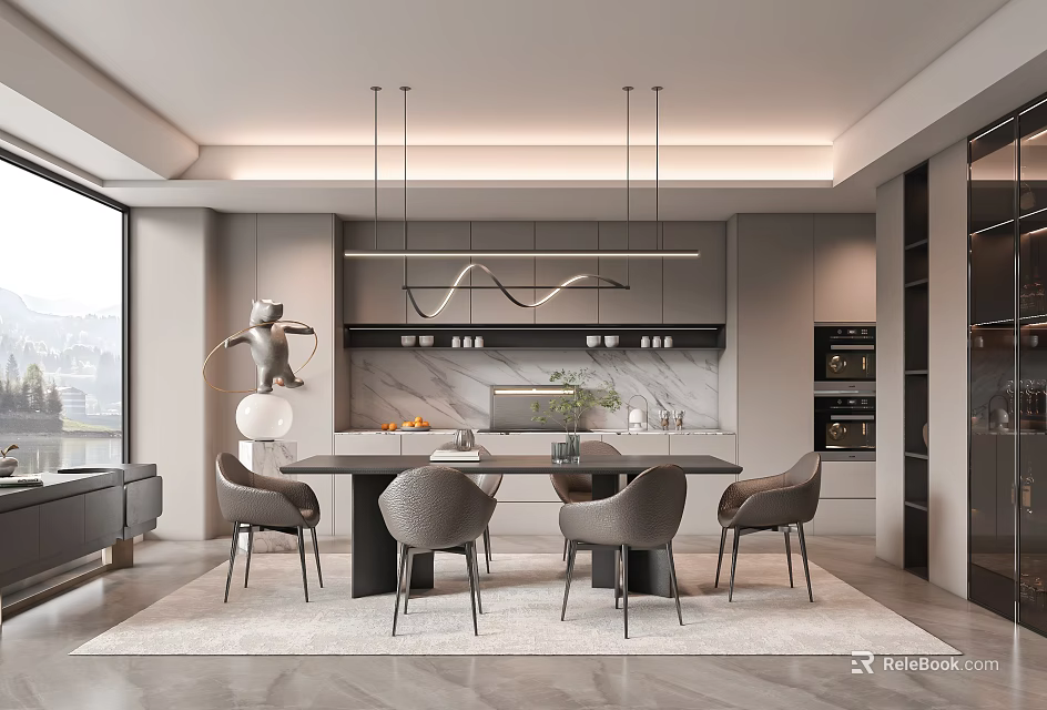 Elegant Modern Restaurant Interior With Gray Chairs Dining Table And Pendant Lights 3d model