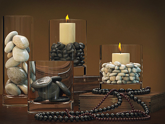 Modern Candlestick Glass Cup Candlestick Wooden Box Buddha Beads Stone Ornaments 3d model