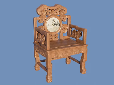 Chinese Style Wooden Leisure Chair with Intricate Carved Backrest Circular Decorative Panel and Ornate Legs 3d model