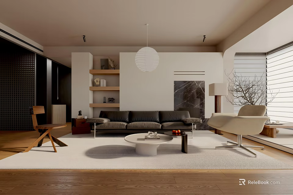 Modern Living Room With Black Sofa Beige Armchair Round Coffee Table Wooden Floor White Rug 3d model 