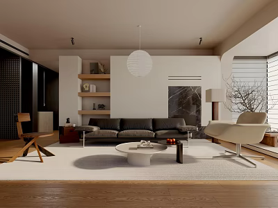 Modern Living Room With Black Sofa Beige Armchair Round Coffee Table Wooden Floor White Rug 3d model
