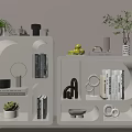 Modern Minimalist White Decorative Cabinets With Plants Books Fruits And Ornaments