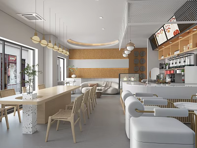 Modern Bubble Tea Shop Interior With Open Layout Wooden Walls Hanging Lights And Tables 3d model