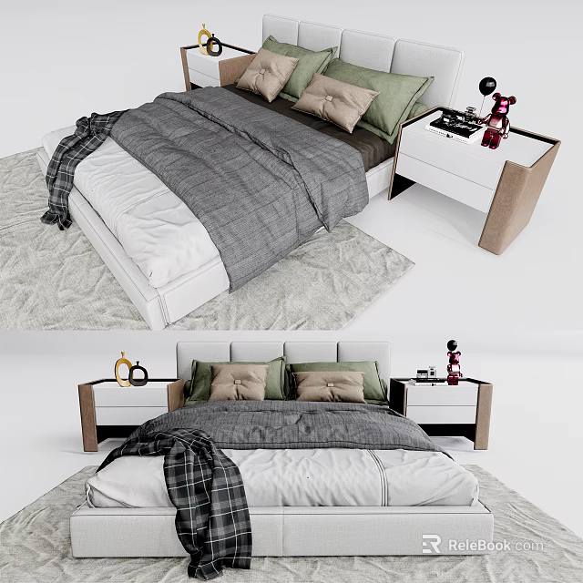 Modern Double Bed Interior With Gray Comforter White Sheets Green Pillows And Bedside Tables 3d model