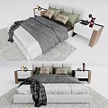Modern Double Bed Interior With Gray Comforter White Sheets Green Pillows And Bedside Tables 3d model