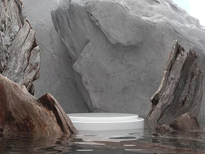 Scenic Garden Ornament With Rocks Water Surface And White Circular Platform 3d model
