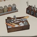 Wooden Kitchen Utensil Storage With Spices Jars Spoons And Cutlery Organizer
