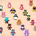 Colorful Bear Plush Toys Collection Various Styles On Beige Background