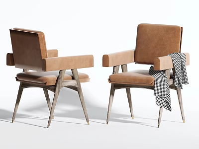 Elegant Brown Upholstered Dining Chairs With Wooden Legs And Plaid Throw 3d model