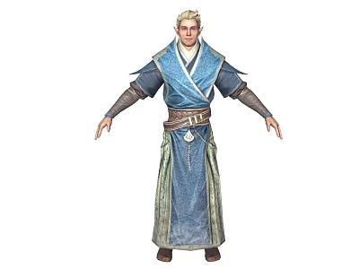 White Haired Male Fantasy Character In Blue Traditional Costume With Decorative Belt 3d model