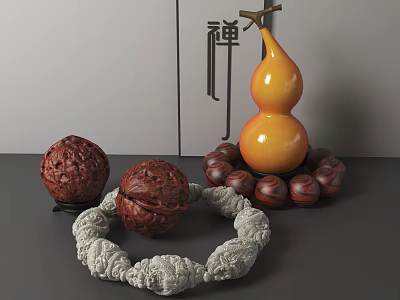 Handmade Traditional Jewelry Accessories With Wooden Bead White Braided Bracelets Walnut And Yellow Gourd Ornaments 3d model