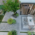 Beautiful Courtyard Garden With Wooden Fence Lawn Table Chairs Plants Fountain And Glass Floor