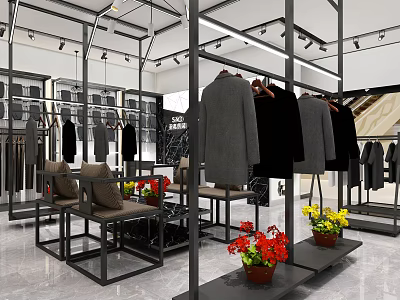 Modern Clothing Store Interior With Hangers Clothes Chairs Tables And Flowers 3d model