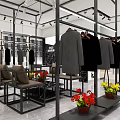 Modern Clothing Store Interior With Hangers Clothes Chairs Tables And Flowers