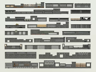 Various Architectural Brick Wall And Railing Design Patterns In Plan View 3d model