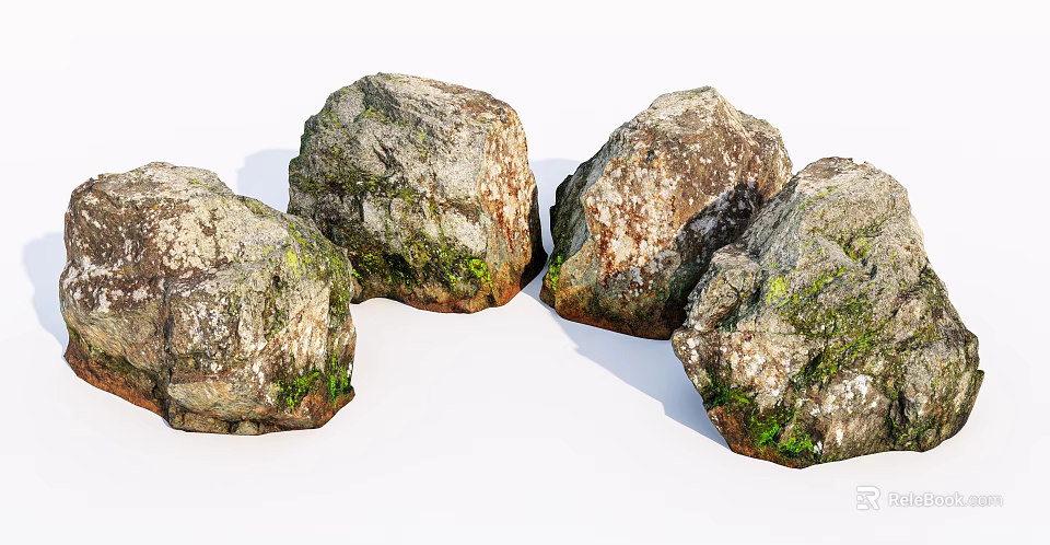 Natural Stone and Wood Elements in Decorative Arrangement with Mossy and Textured Surfaces 3d model 