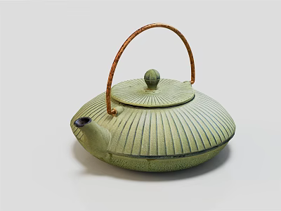 Light Green Striped Teapot With Brown Rattan Handle And Minimalist Natural Design 3d model