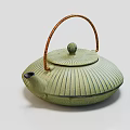Light Green Striped Teapot With Brown Rattan Handle And Minimalist Natural Design