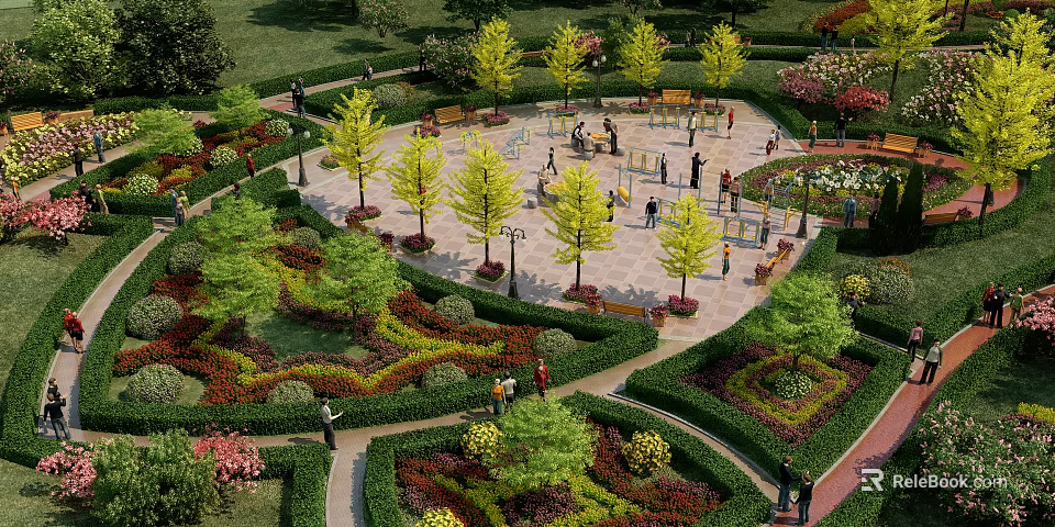 Beautiful Park Landscape With Manicured Greenery Paths And People Enjoying 3d model 