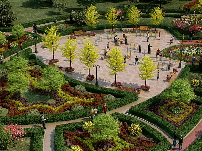 Beautiful Park Landscape With Manicured Greenery Paths And People Enjoying 3d model