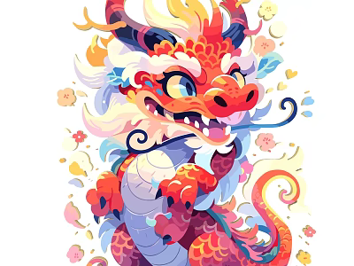 Vibrant Colorful Cartoon Dragon With Floral Decorations Curled Tail And Design Elements 3d model