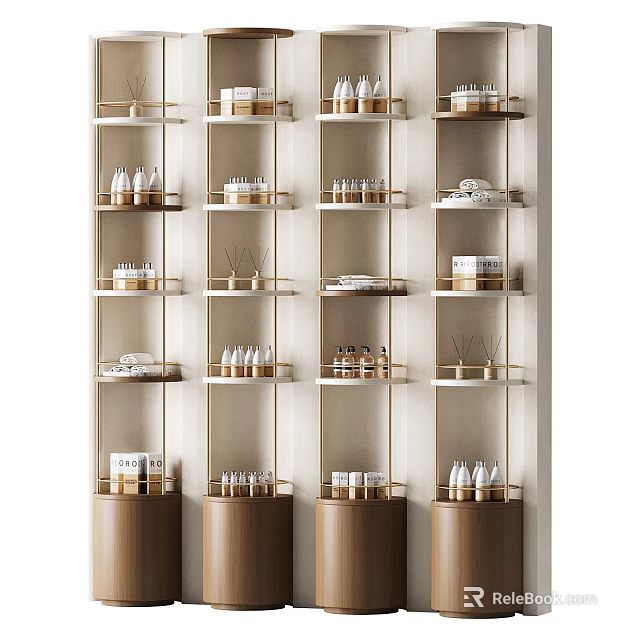 Modern Department Store Counter with Skincare Products on Layered Golden Frame Shelves and Wooden Base 3d model 