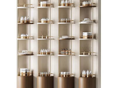 Modern Department Store Counter with Skincare Products on Layered Golden Frame Shelves and Wooden Base 3d model