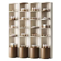 Modern Department Store Counter with Skincare Products on Layered Golden Frame Shelves and Wooden Base