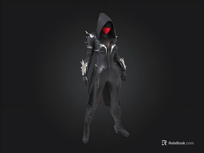 Hooded Character In Black Costume With Red Eyes And Silver Decorations 3d model 