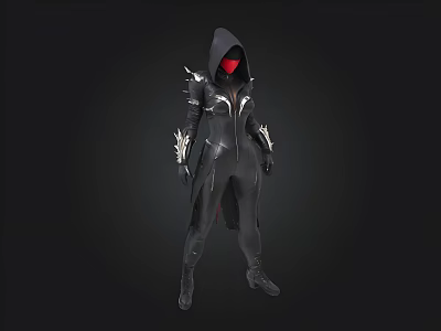 Hooded Character In Black Costume With Red Eyes And Silver Decorations 3d model