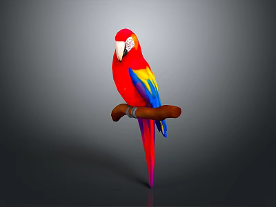 Vibrant Red Yellow Blue Parrot Perched On Wooden Branch Against Gray Background 3d model