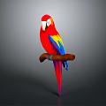 Vibrant Red Yellow Blue Parrot Perched On Wooden Branch Against Gray Background