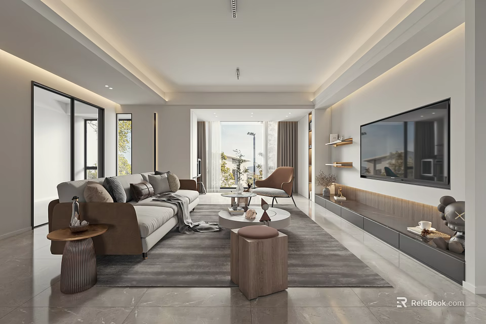 Modern Living Dining Room Interior Design With Sofa Coffee Table TV And Area Rug 3d model 